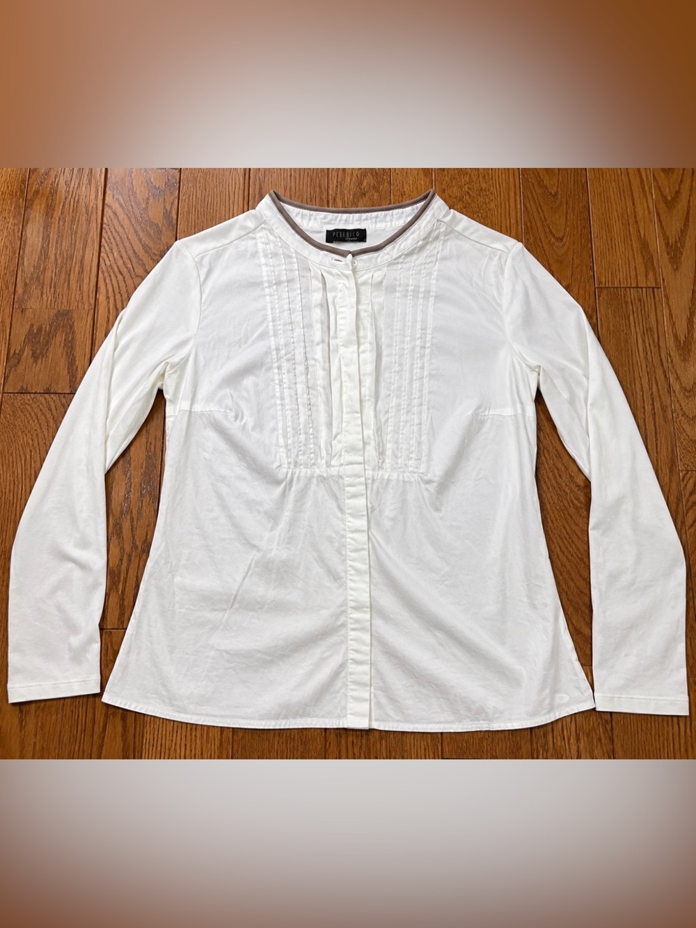 Peserico Tricot Button Up Bib Front Blouse 42 White Shirt Stretch Italy, Small